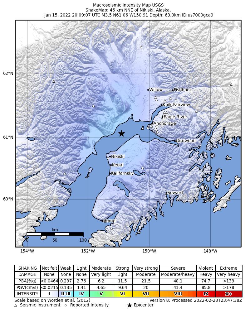 USGS ShakeMap intensity contours for the M3.3 earthquake near 14 km SE of Beluga, Alaska