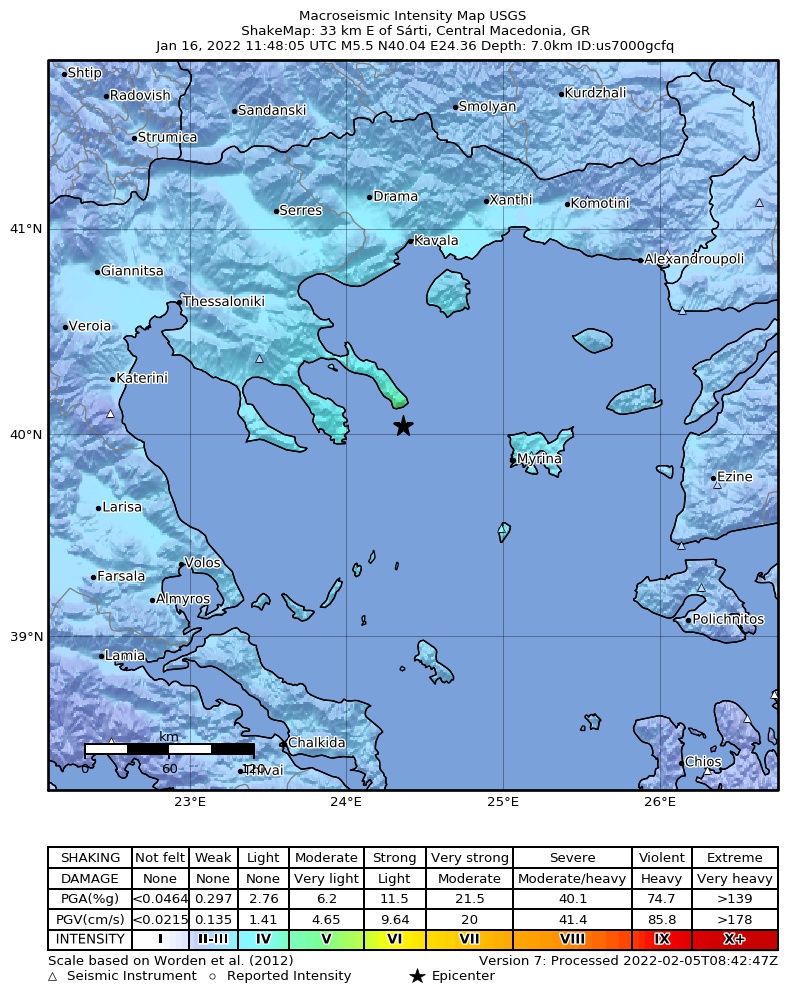 USGS ShakeMap intensity contours for the M5.5 earthquake near 25 km SSE of Karyes, Greece