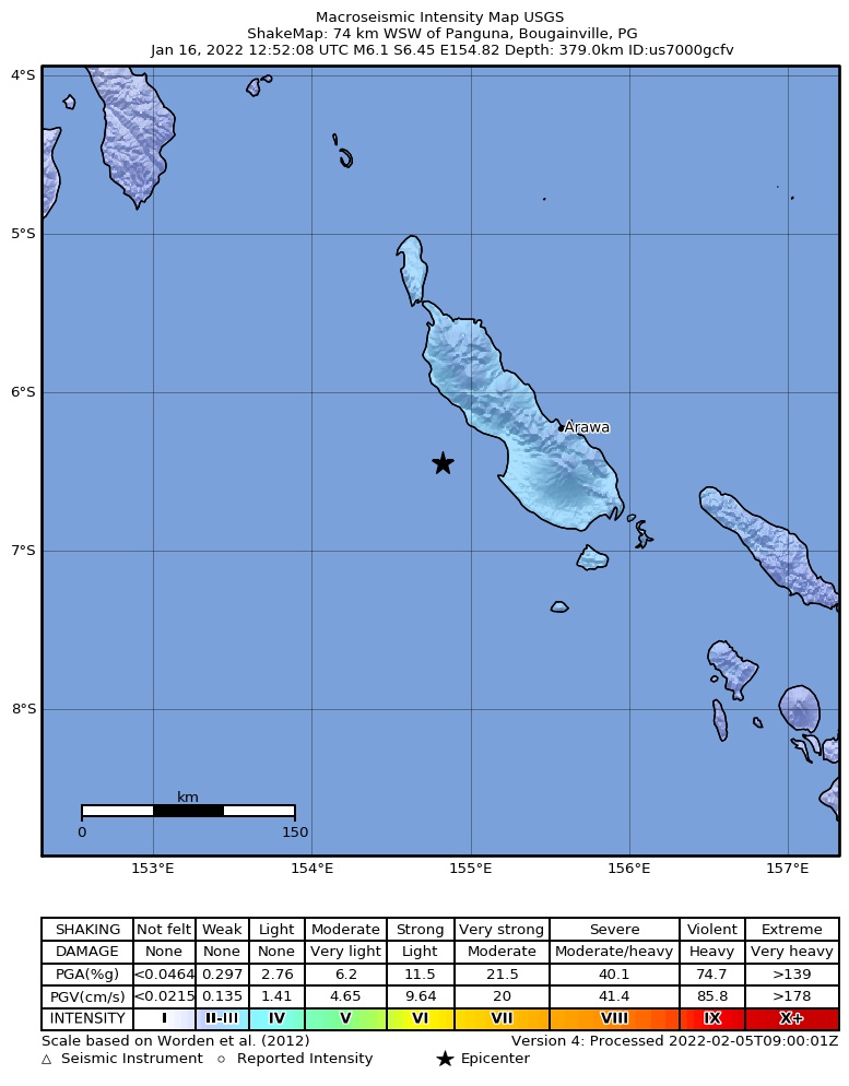 USGS ShakeMap intensity contours for the M6.1 earthquake near 74 km WSW of Panguna, Papua New Guinea