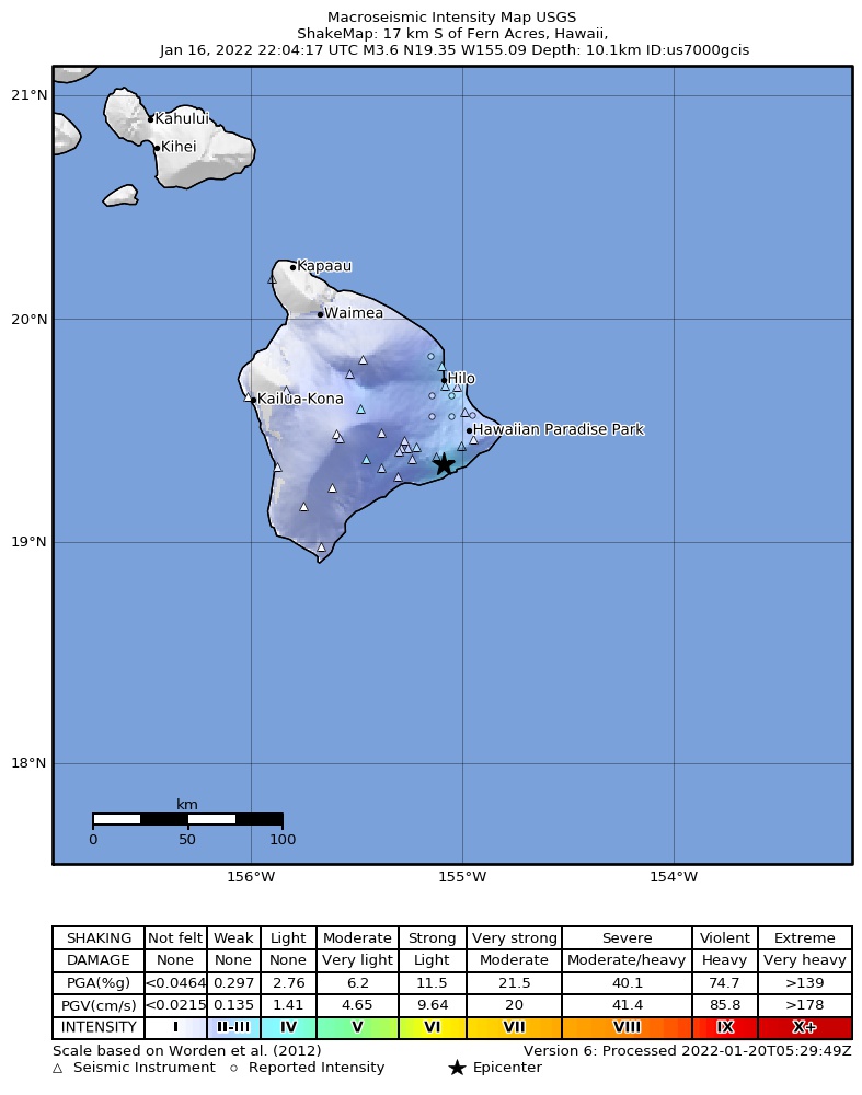 USGS ShakeMap intensity contours for the M3.5 earthquake near 13 km SSE of Fern Forest, Hawaii