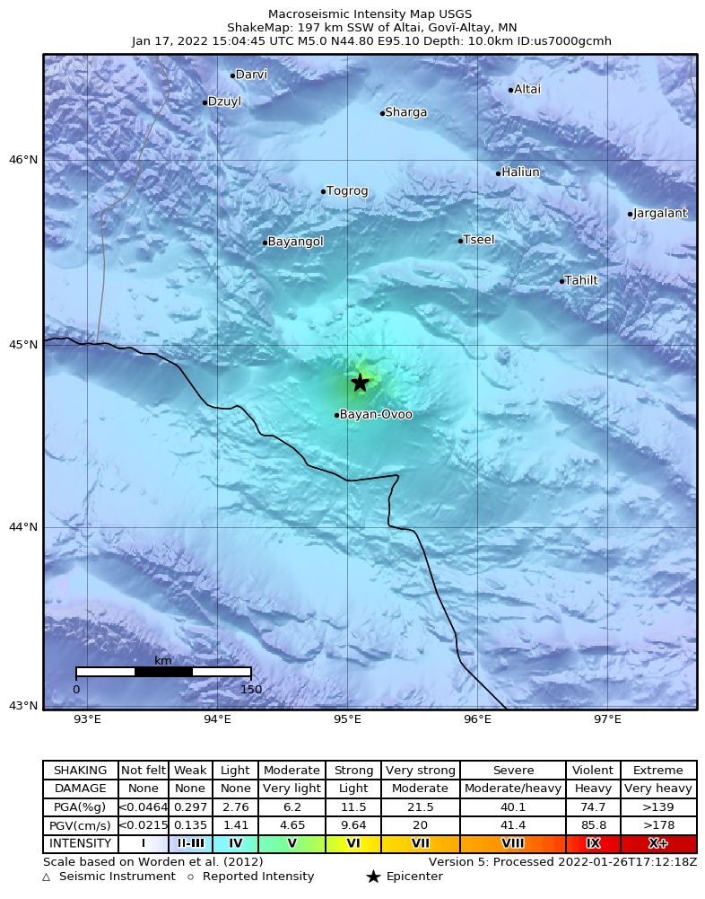 USGS ShakeMap intensity contours for the M5.0 earthquake near 197 km SSW of Altai, Mongolia