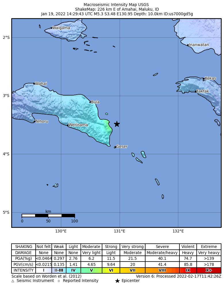 USGS ShakeMap intensity contours for the M5.3 earthquake near Seram, Indonesia