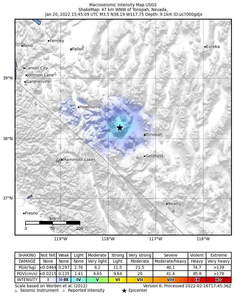 USGS ShakeMap: estimated shaking intensity around the epicenter
