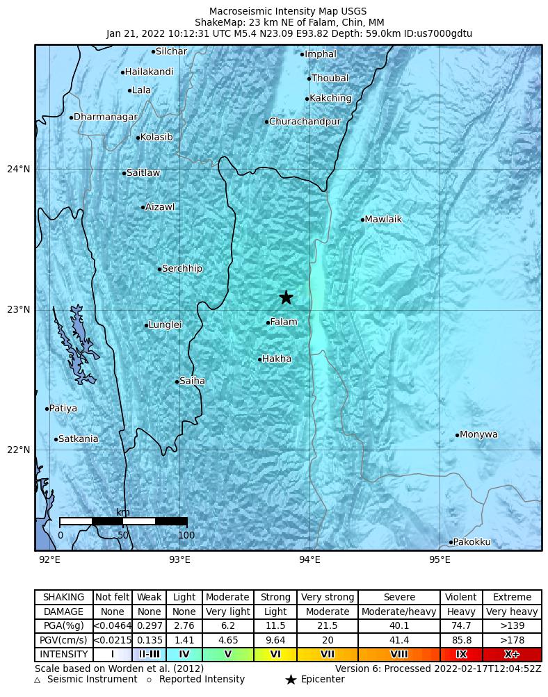USGS ShakeMap intensity contours for the M5.4 earthquake near 23 km NE of Falam, Myanmar