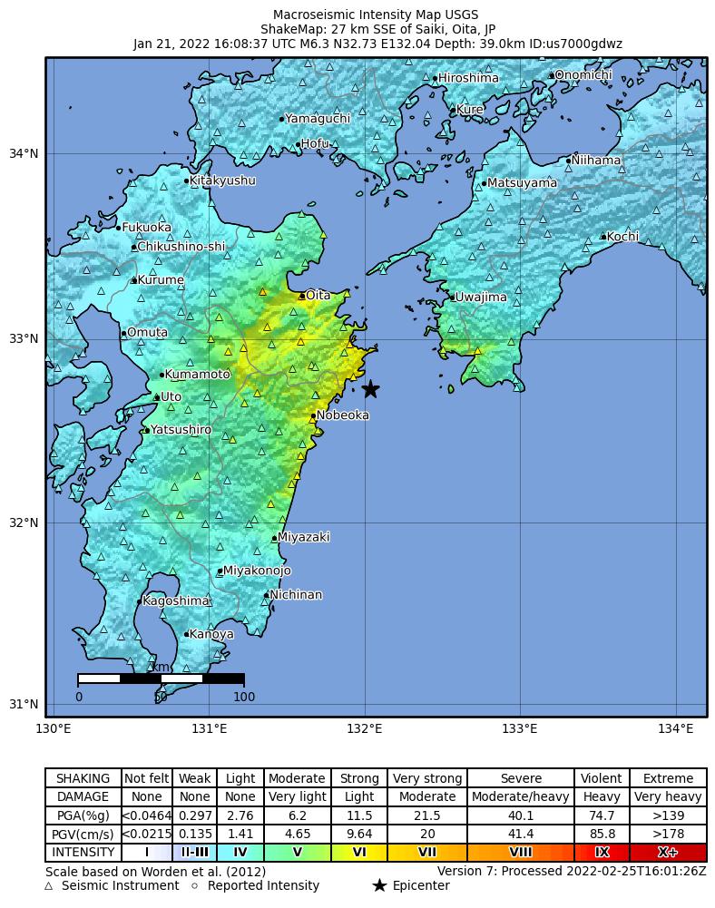USGS ShakeMap intensity contours for the M6.3 earthquake near 27 km SSE of Saiki, Japan