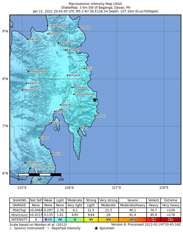 USGS ShakeMap intensity contours for the M5.3 earthquake near 3 km SW of Baganga, Philippines