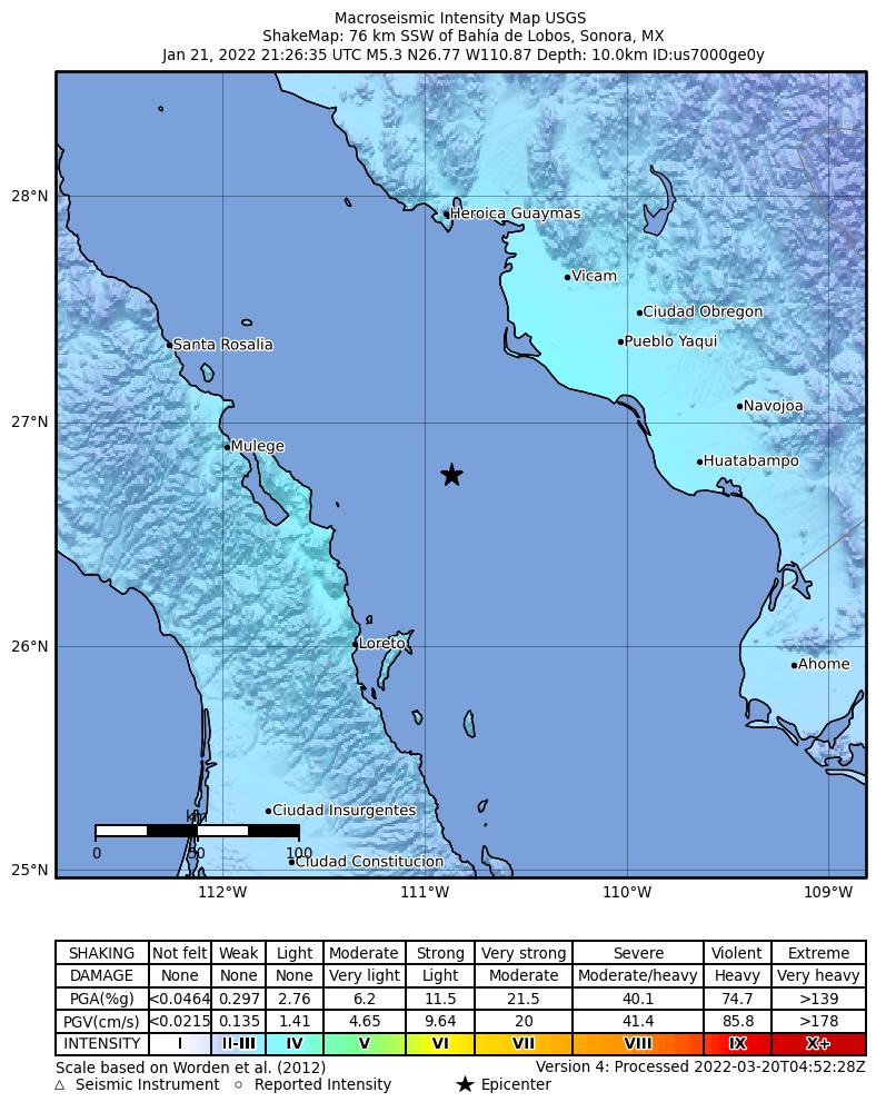 USGS ShakeMap intensity contours for the M5.3 earthquake near 76 km SSW of Bahía de Lobos, Mexico
