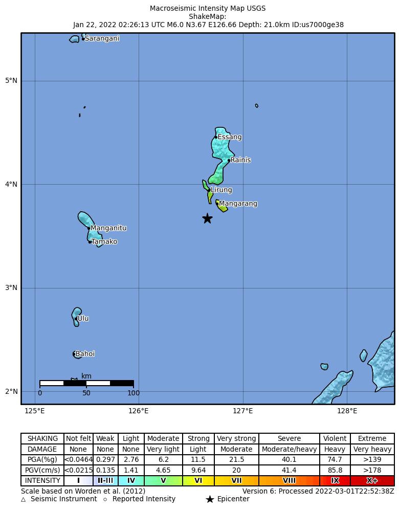 USGS ShakeMap intensity contours for the M6.0 earthquake near 232 km SE of Sarangani, Philippines