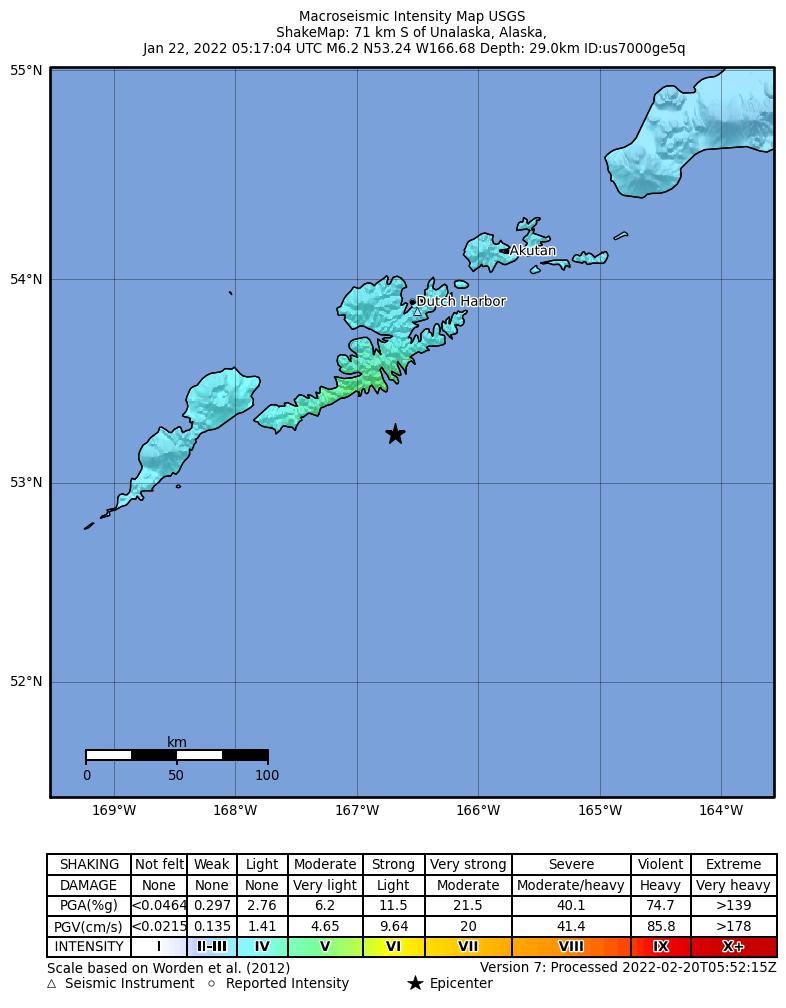 USGS ShakeMap intensity contours for the M6.2 earthquake near 71 km S of Unalaska, Alaska