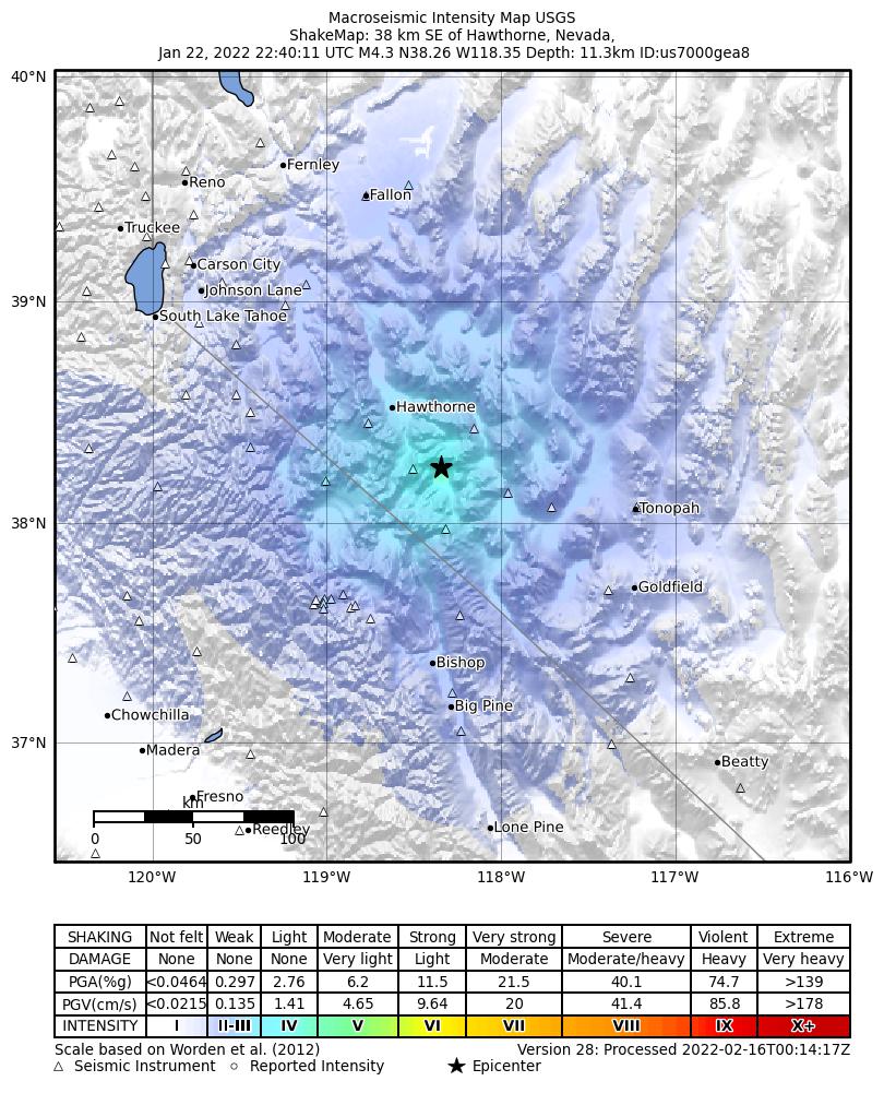 USGS ShakeMap intensity contours for the M4.3 earthquake near 25 km SW of Mina, Nevada