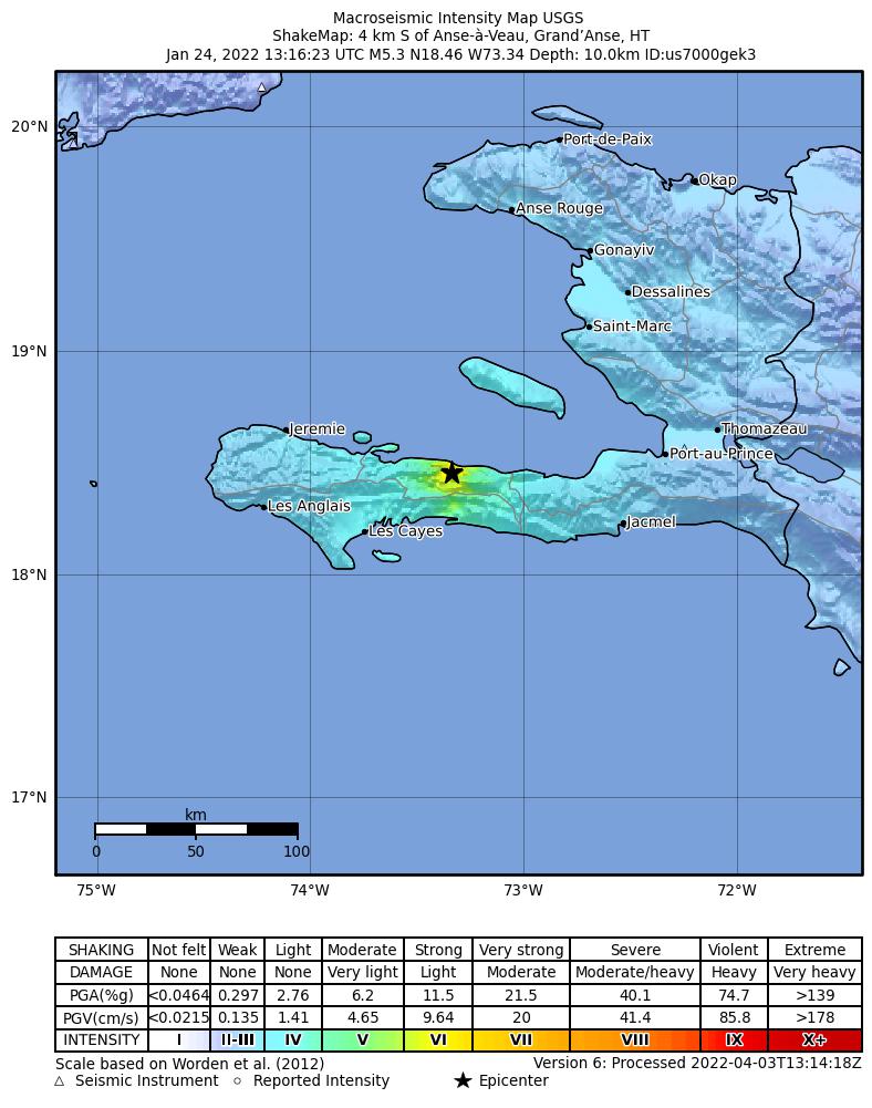 USGS ShakeMap intensity contours for the M5.3 earthquake near 4 km S of Anse-à-Veau, Haiti