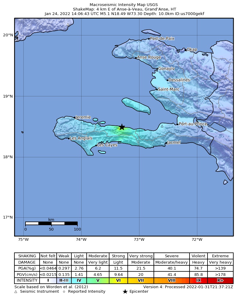 USGS ShakeMap intensity contours for the M5.1 earthquake near 4 km E of Anse-à-Veau, Haiti
