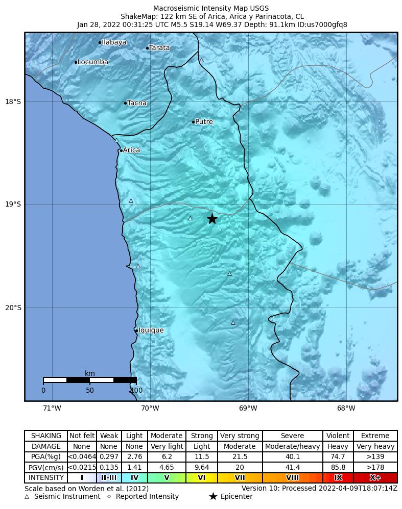 USGS ShakeMap intensity contours for the M5.5 earthquake near 122 km SE of Arica, Chile