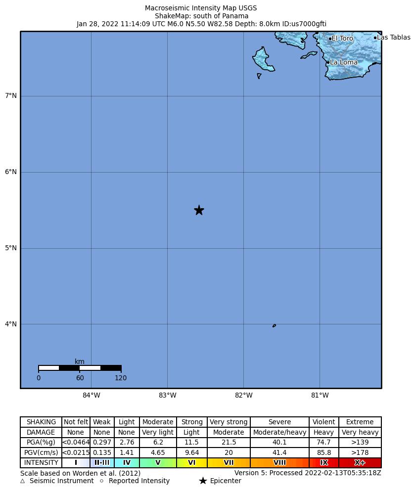 USGS ShakeMap intensity contours for the M6.0 earthquake near 281 km SW of Arenas, Panama