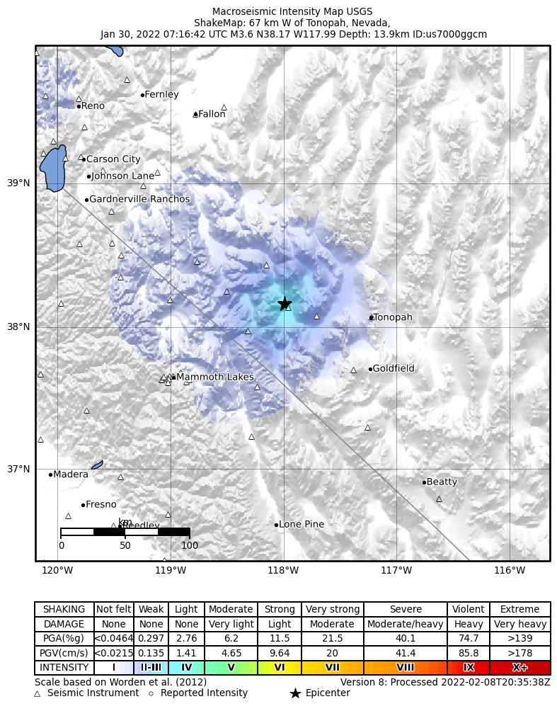 USGS ShakeMap: estimated shaking intensity around the epicenter