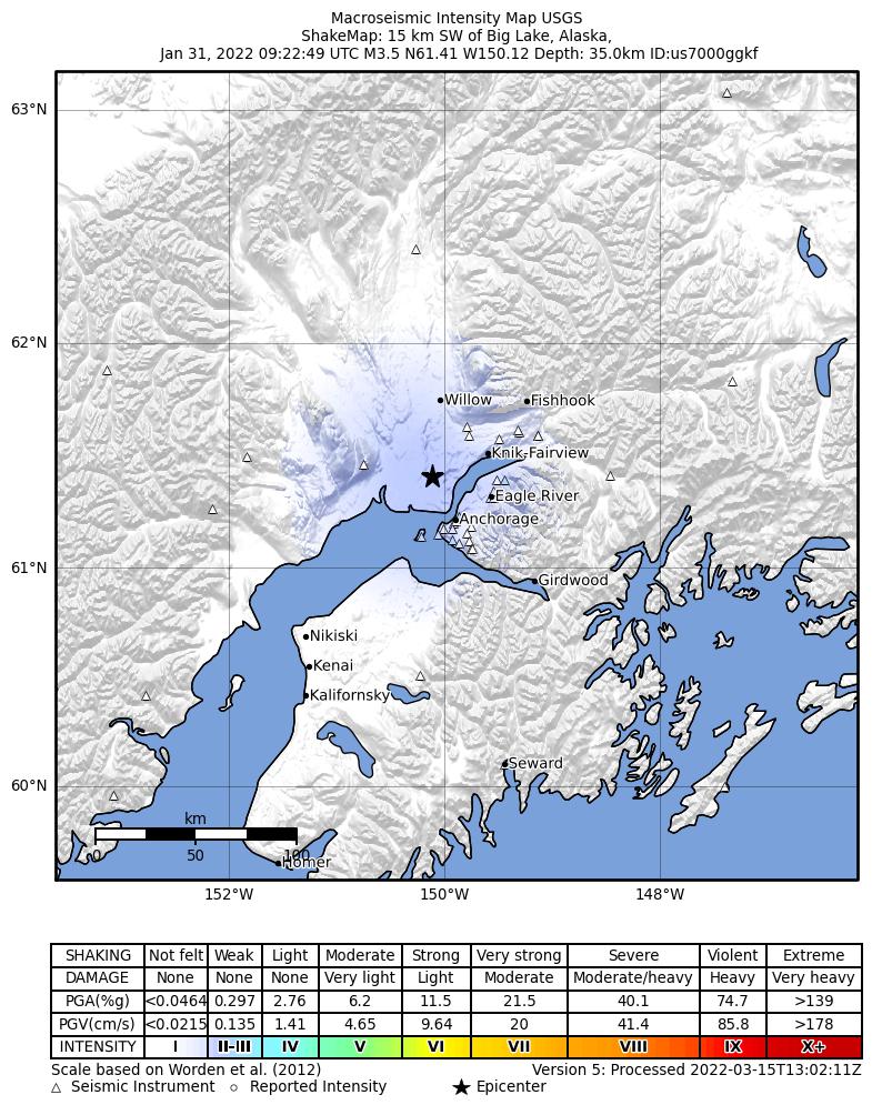 USGS ShakeMap: estimated shaking intensity around the epicenter