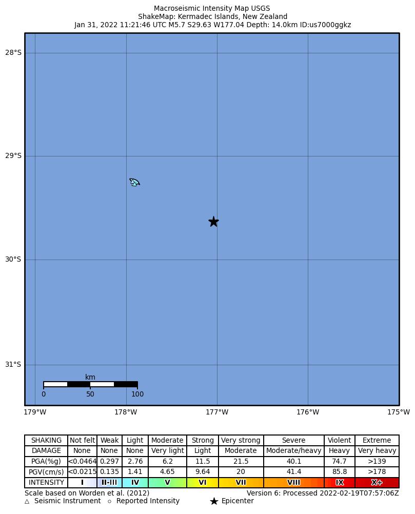USGS ShakeMap intensity contours for the M5.7 earthquake near Kermadec Islands, New Zealand