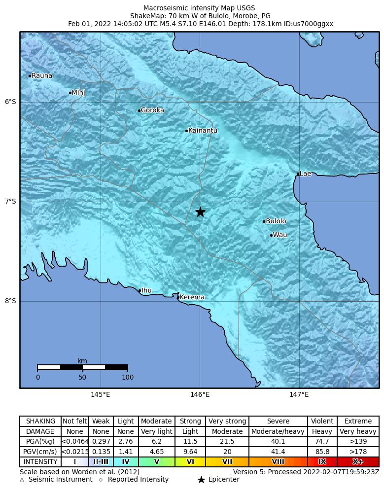 USGS ShakeMap intensity contours for the M5.4 earthquake near 71 km W of Bulolo, Papua New Guinea