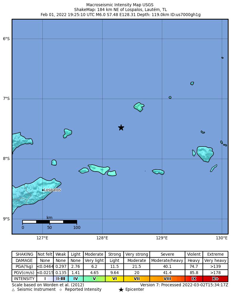 USGS ShakeMap intensity contours for the M6.0 earthquake near 184 km NE of Lospalos, Timor Leste