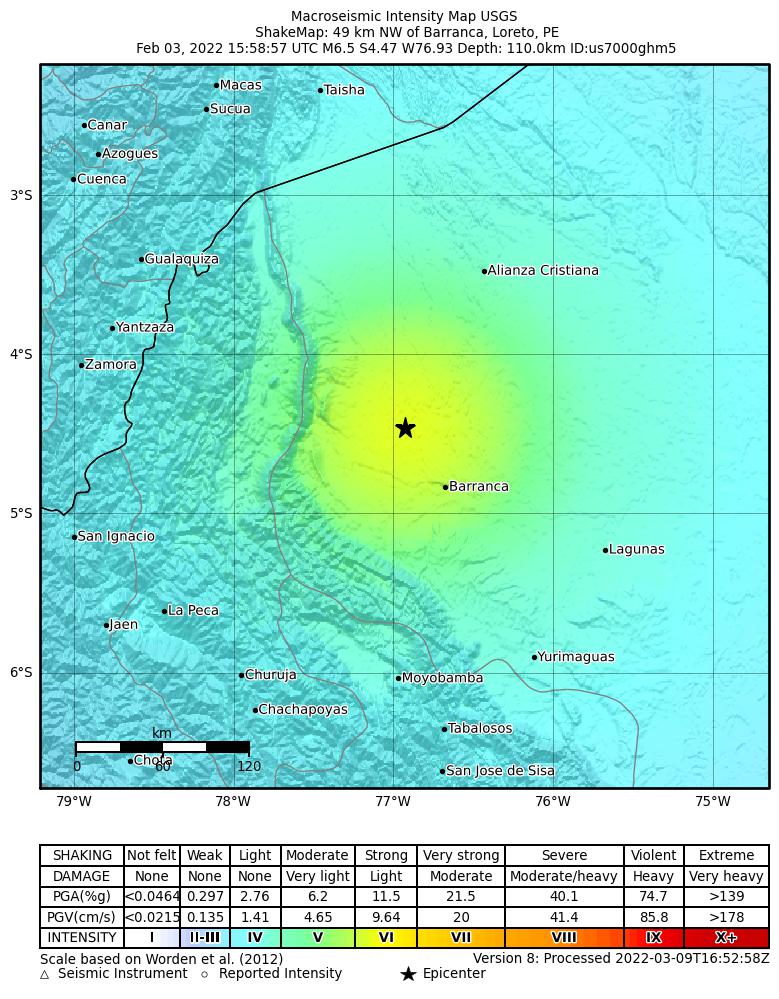 USGS ShakeMap intensity contours for the M6.5 earthquake near 49 km NW of Barranca, Peru