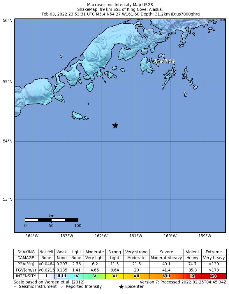 USGS ShakeMap intensity contours for the M5.4 earthquake near 99 km SSE of King Cove, Alaska