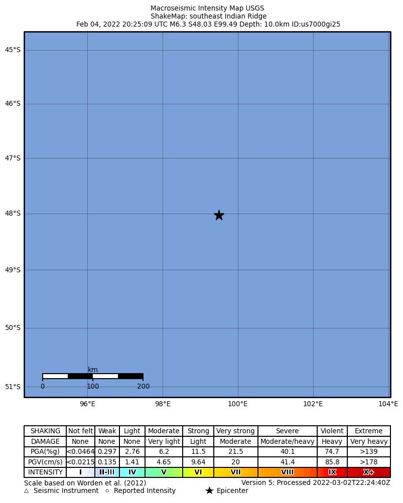 USGS ShakeMap intensity contours for the M6.3 earthquake near southeast Indian Ridge