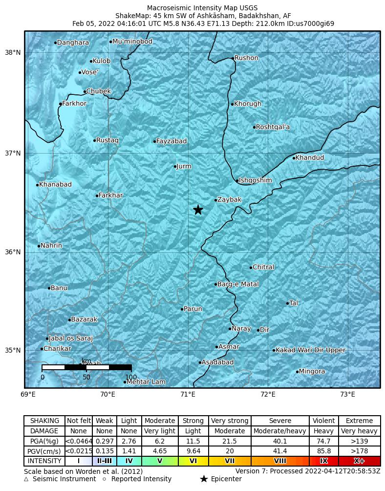 USGS ShakeMap intensity contours for the M5.8 earthquake near 45 km SW of Ashk?sham, Afghanistan