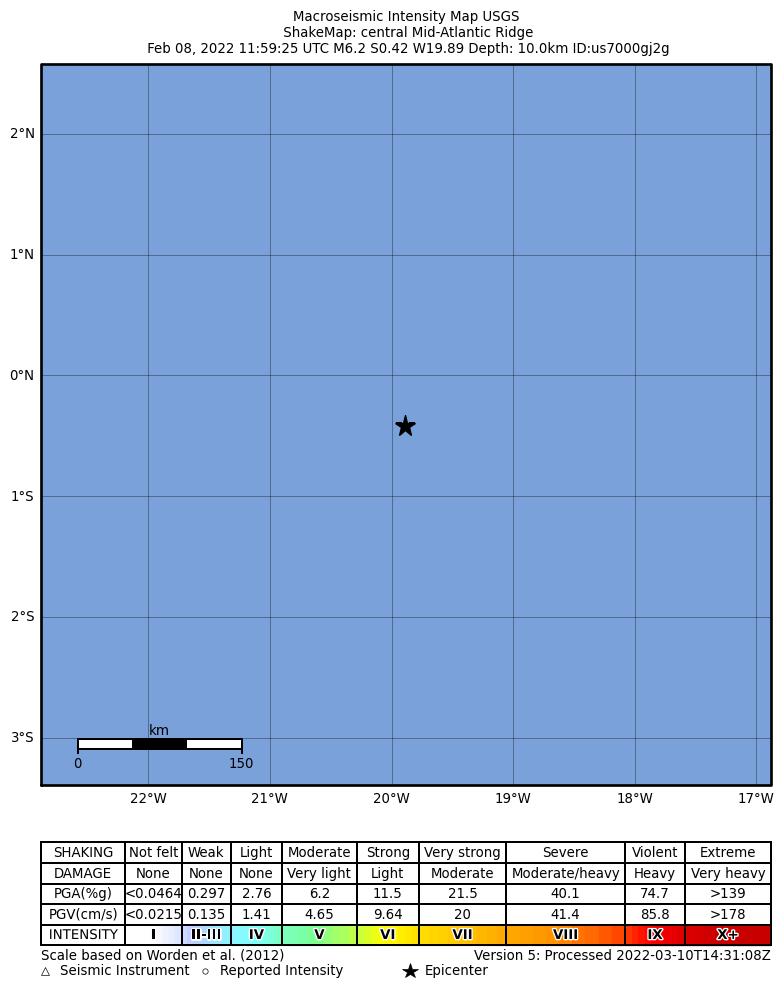 USGS ShakeMap intensity contours for the M6.2 earthquake near central Mid-Atlantic Ridge