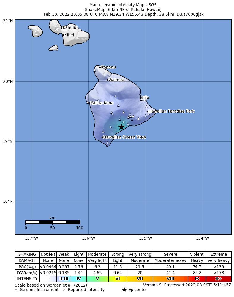 USGS ShakeMap intensity contours for the M3.6 earthquake near 7 km E of P?hala, Hawaii