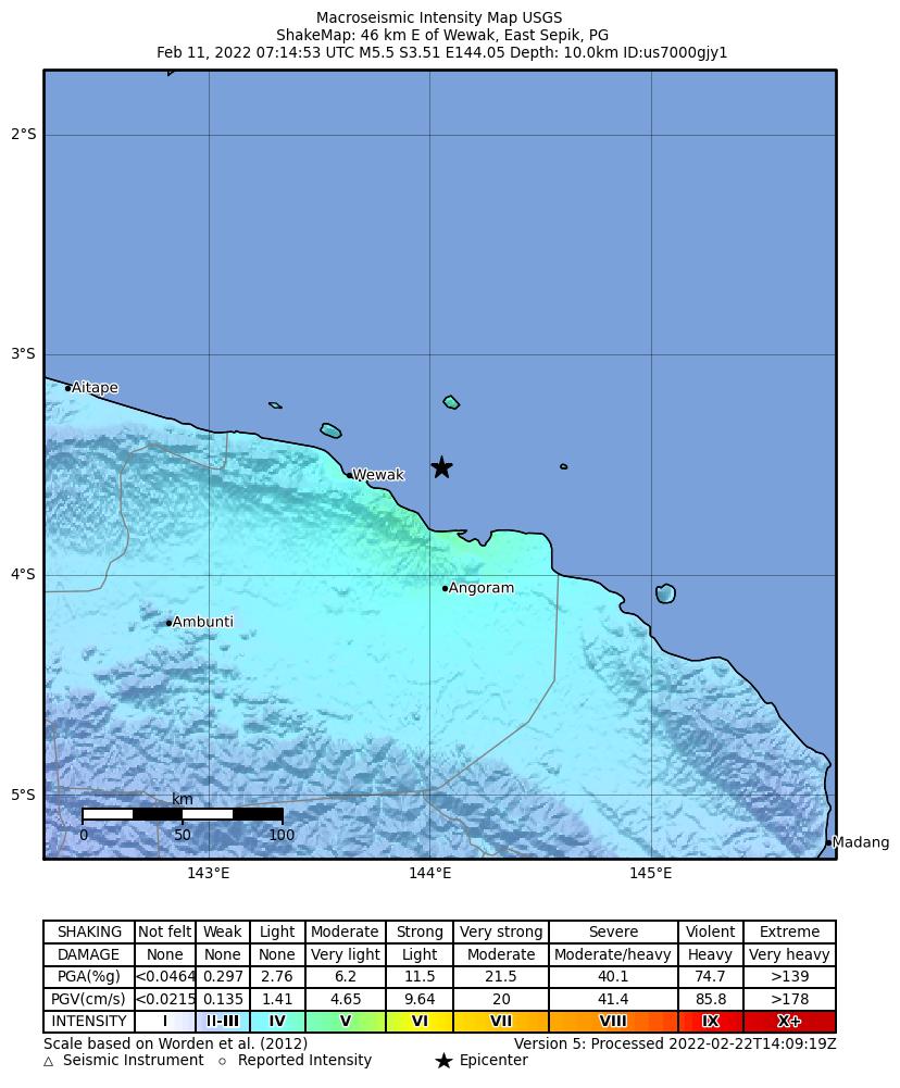 USGS ShakeMap intensity contours for the M5.5 earthquake near 46 km E of Wewak, Papua New Guinea