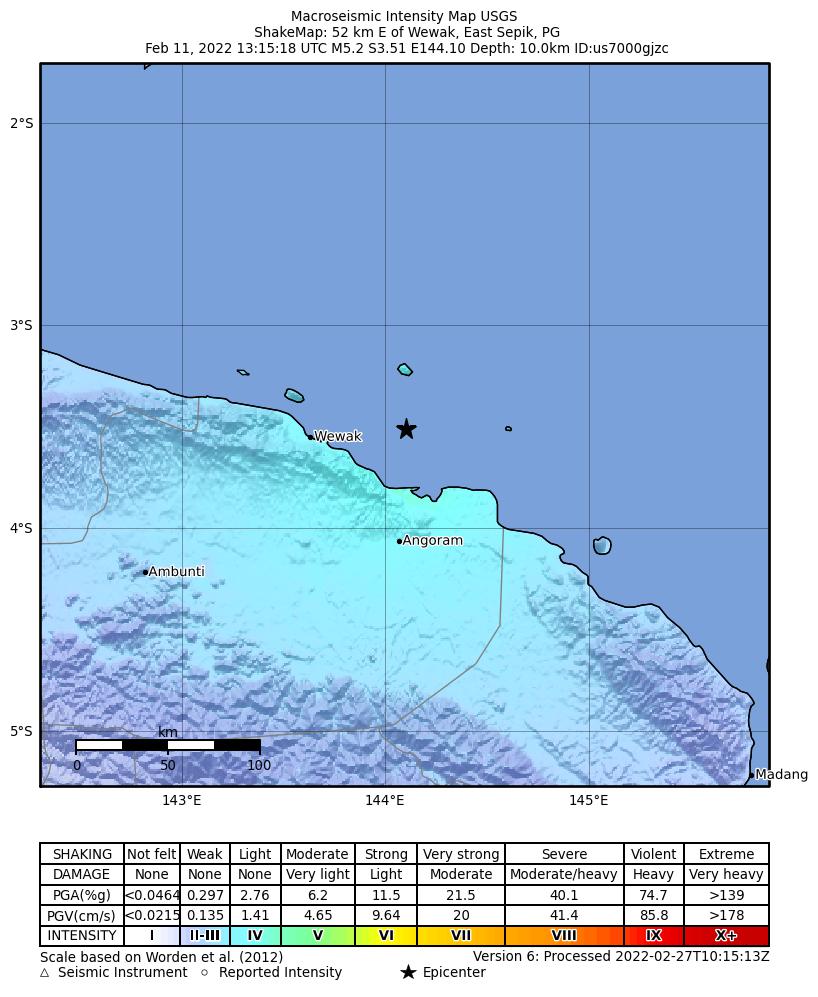 USGS ShakeMap intensity contours for the M5.2 earthquake near 52 km E of Wewak, Papua New Guinea