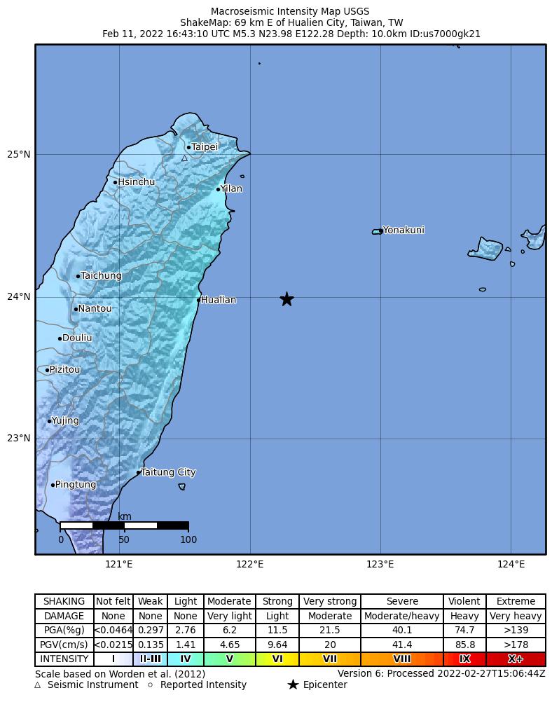 USGS ShakeMap intensity contours for the M5.3 earthquake near 69 km E of Hualien City, Taiwan