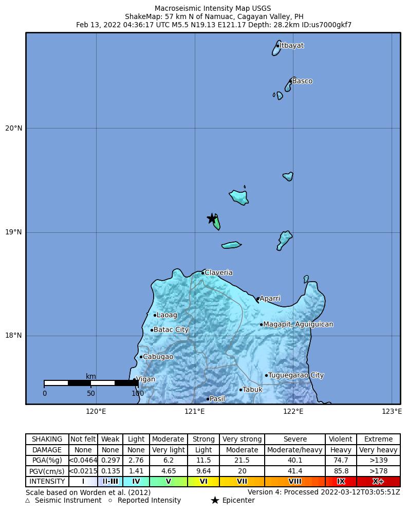 USGS ShakeMap intensity contours for the M5.5 earthquake near 57 km N of Namuac, Philippines