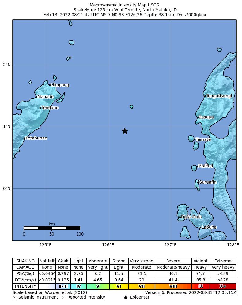USGS ShakeMap intensity contours for the M5.7 earthquake near 125 km W of Ternate, Indonesia
