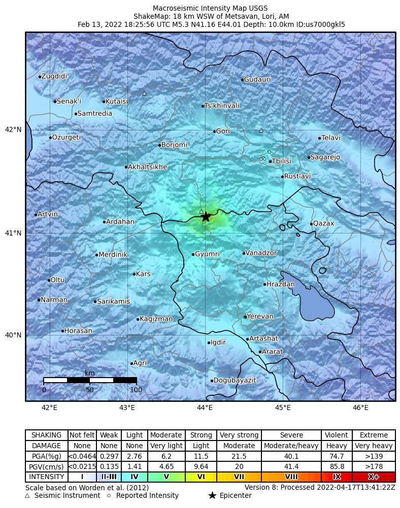 USGS ShakeMap intensity contours for the M5.3 earthquake near 18 km WSW of Metsavan, Armenia