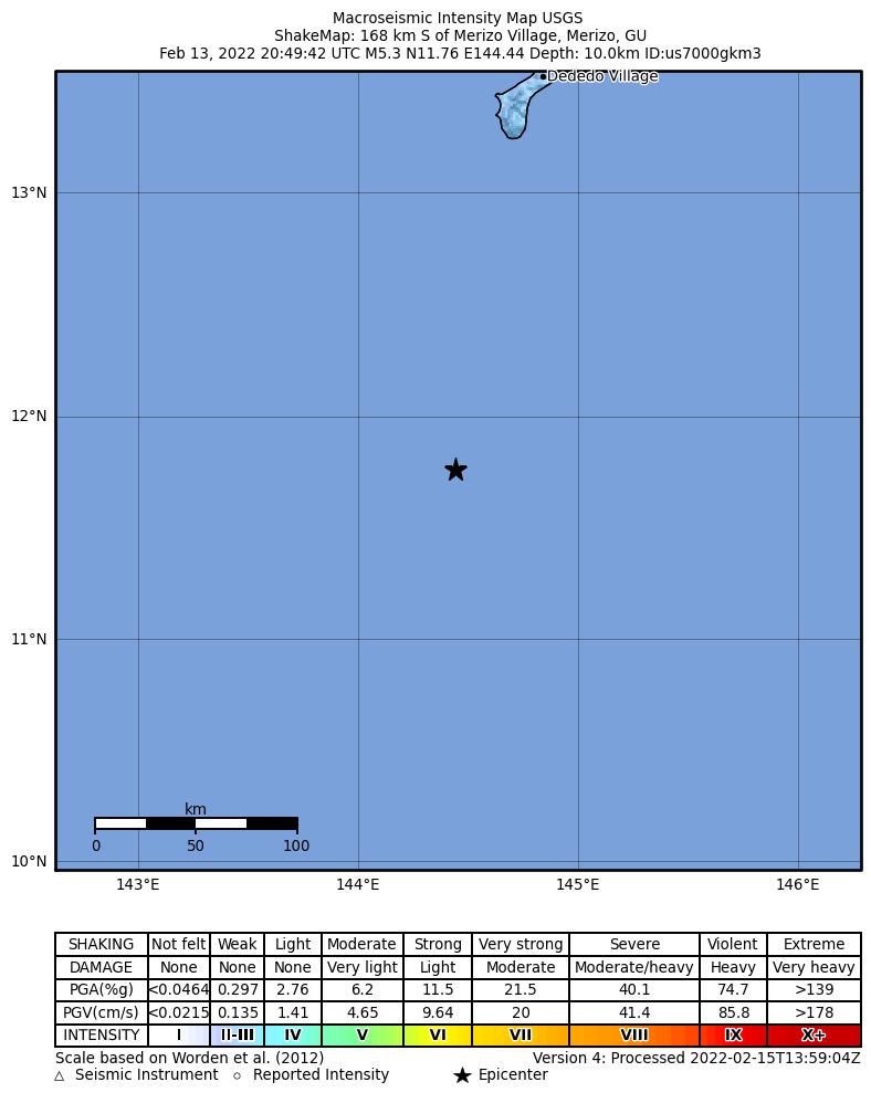 USGS ShakeMap intensity contours for the M5.3 earthquake near 171 km S of Merizo Village, Guam