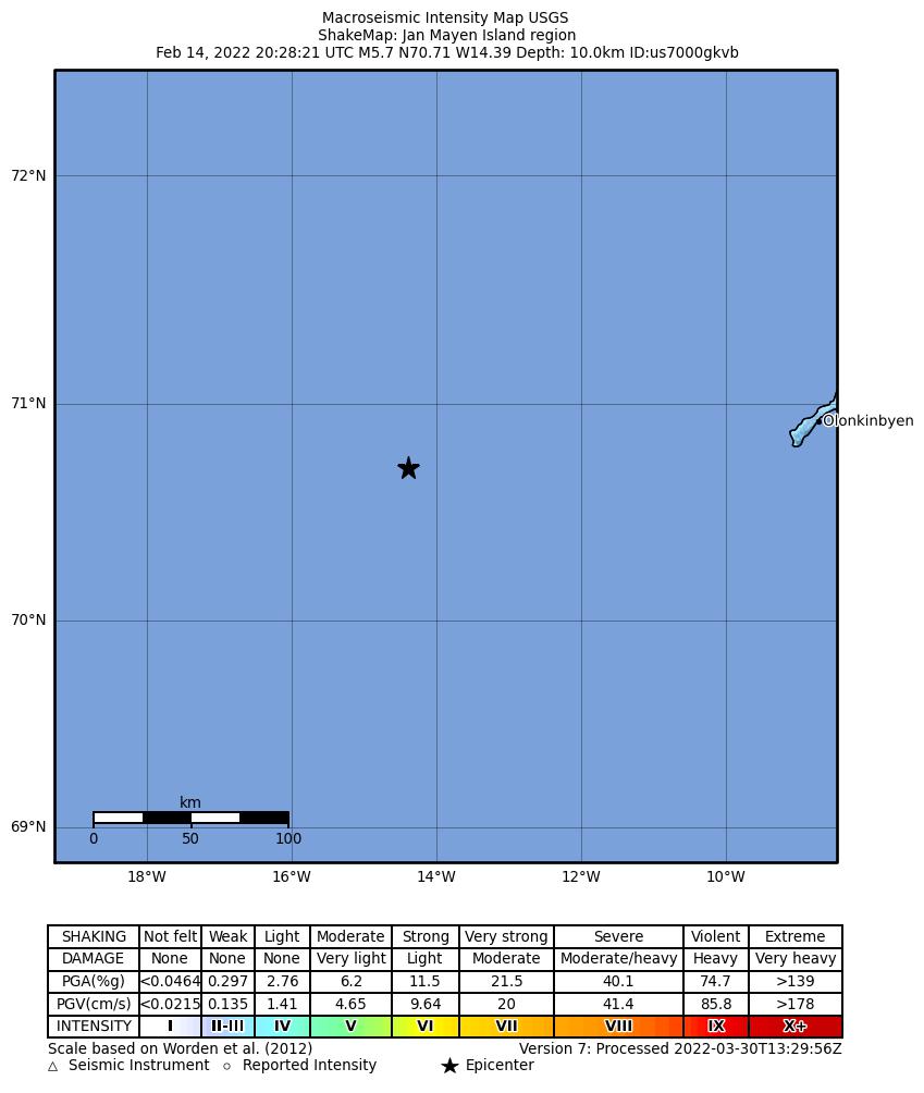 USGS ShakeMap intensity contours for the M5.7 earthquake near 209 km W of Olonkinbyen, Svalbard and Jan Mayen