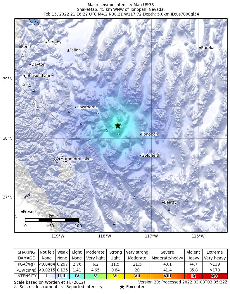 USGS ShakeMap intensity contours for the M4.7 earthquake near 36 km SE of Mina, Nevada