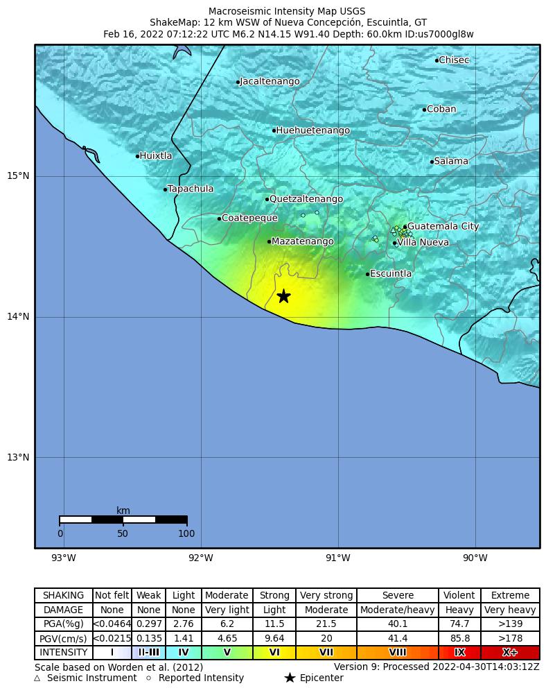 USGS ShakeMap intensity contours for the M6.2 earthquake near 12 km WSW of Nueva Concepción, Guatemala