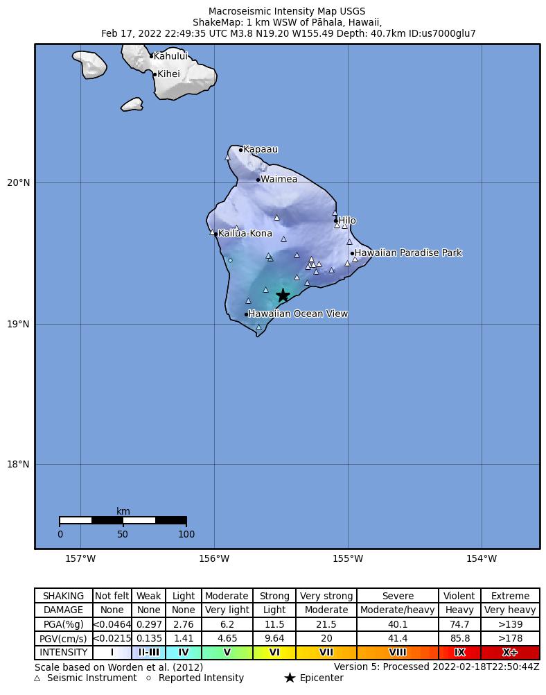 USGS ShakeMap intensity contours for the M3.5 earthquake near Island of Hawaii, Hawaii