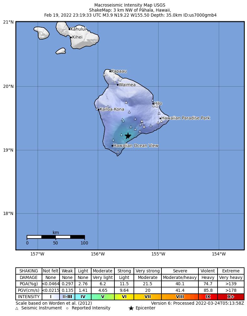 USGS ShakeMap intensity contours for the M3.7 earthquake near 3 km SSW of P?hala, Hawaii