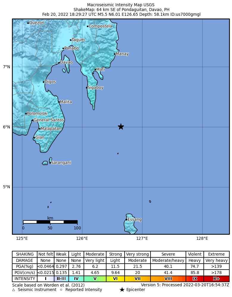 USGS ShakeMap intensity contours for the M5.5 earthquake near 64 km SE of Pondaguitan, Philippines