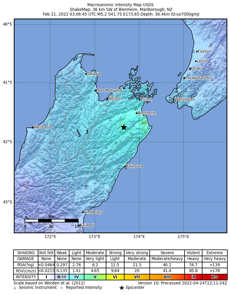 USGS ShakeMap intensity contours for the M5.2 earthquake near 36 km SW of Blenheim, New Zealand