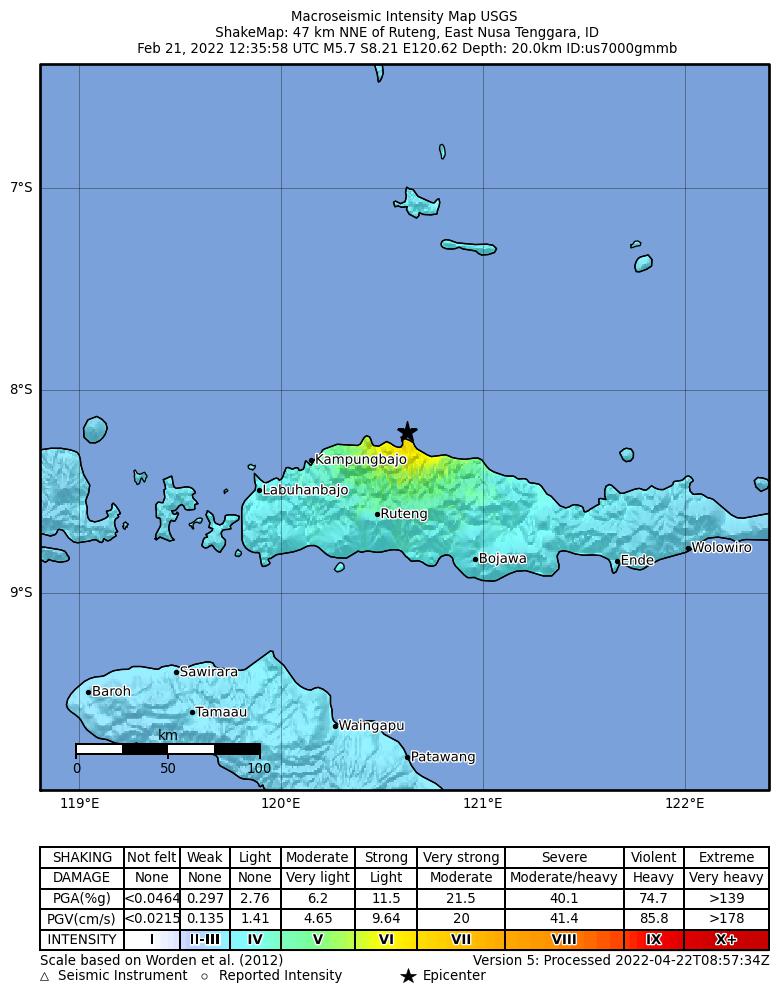 USGS ShakeMap intensity contours for the M5.7 earthquake near 47 km NNE of Ruteng, Indonesia