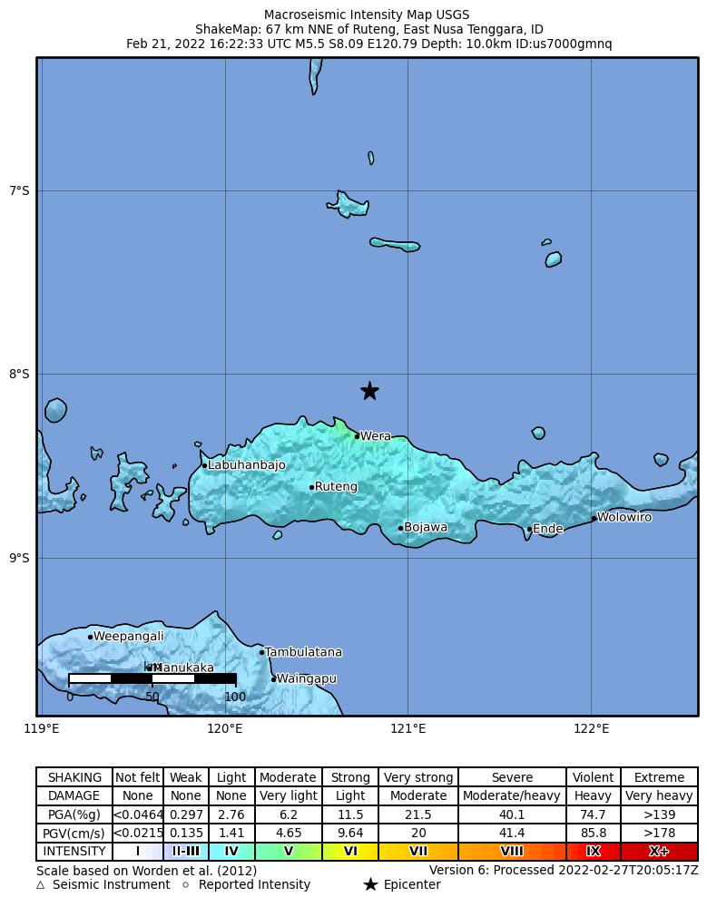 USGS ShakeMap intensity contours for the M5.5 earthquake near 67 km NNE of Ruteng, Indonesia