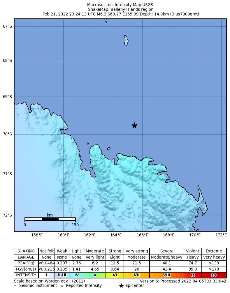 USGS ShakeMap intensity contours for the M6.3 earthquake near Balleny Islands region