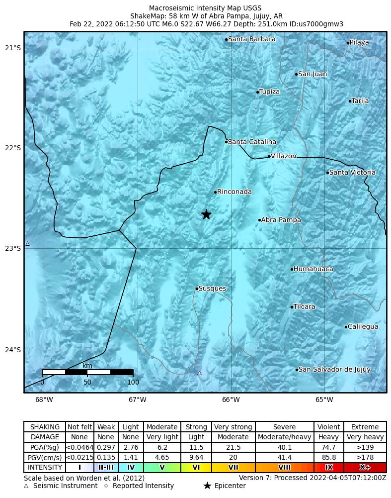 USGS ShakeMap intensity contours for the M6.0 earthquake near 58 km W of Abra Pampa, Argentina