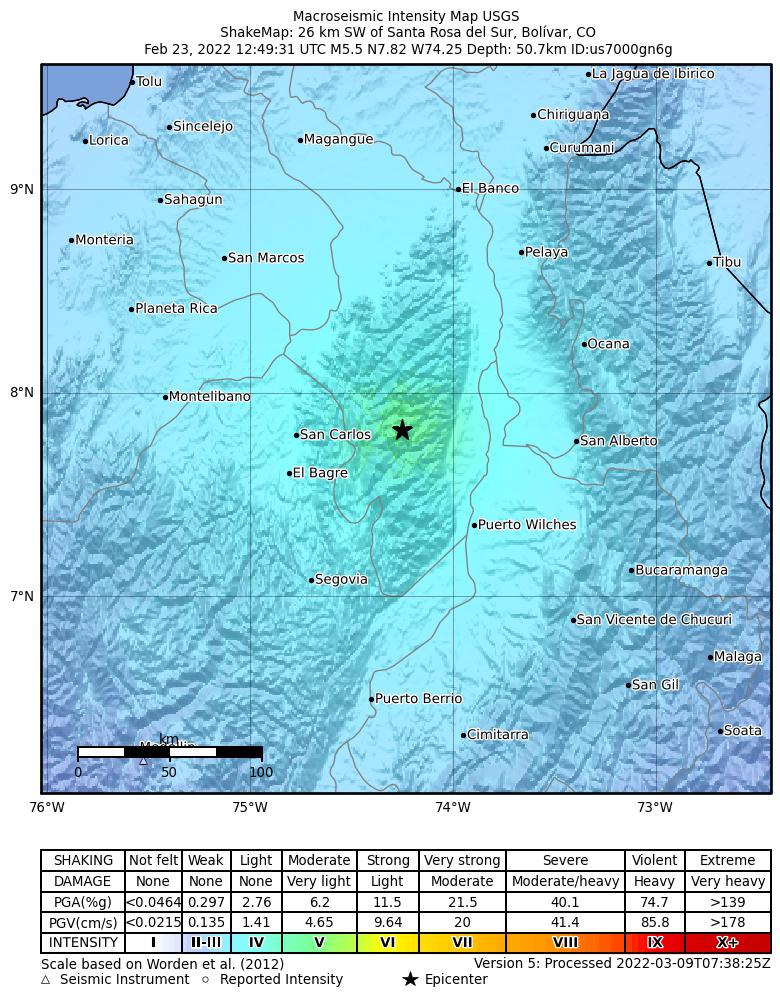 USGS ShakeMap intensity contours for the M5.5 earthquake near 26 km SW of Santa Rosa del Sur, Colombia