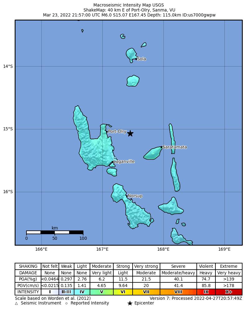 USGS ShakeMap intensity contours for the M6.0 earthquake near Vanuatu