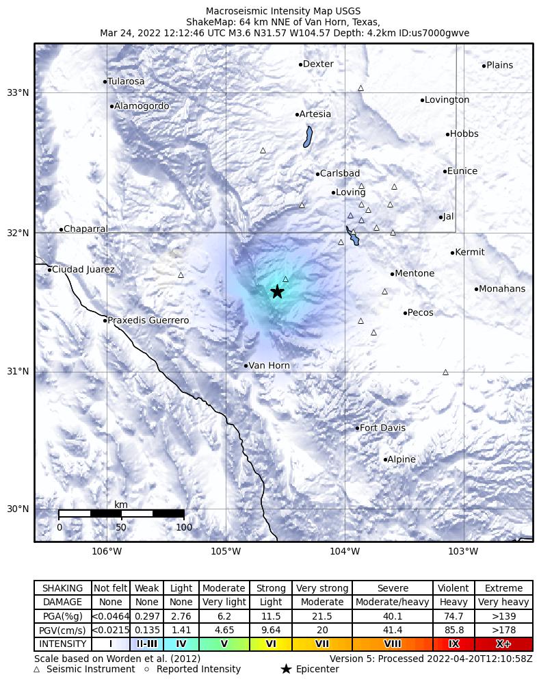 USGS ShakeMap: estimated shaking intensity around the epicenter